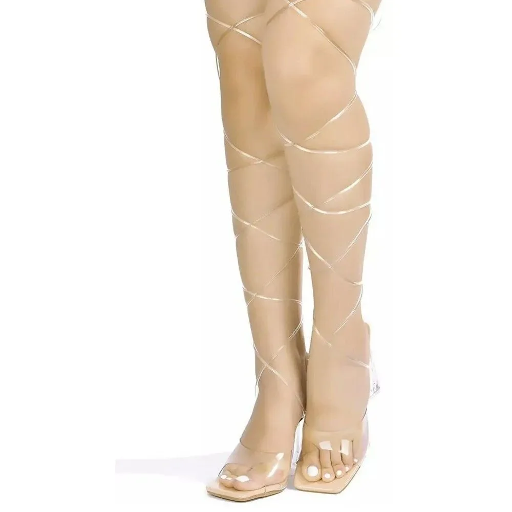 Ladies 7 Clear Chunky Block Platform Heels Transparent Lace Up Leg Open Toe NIB